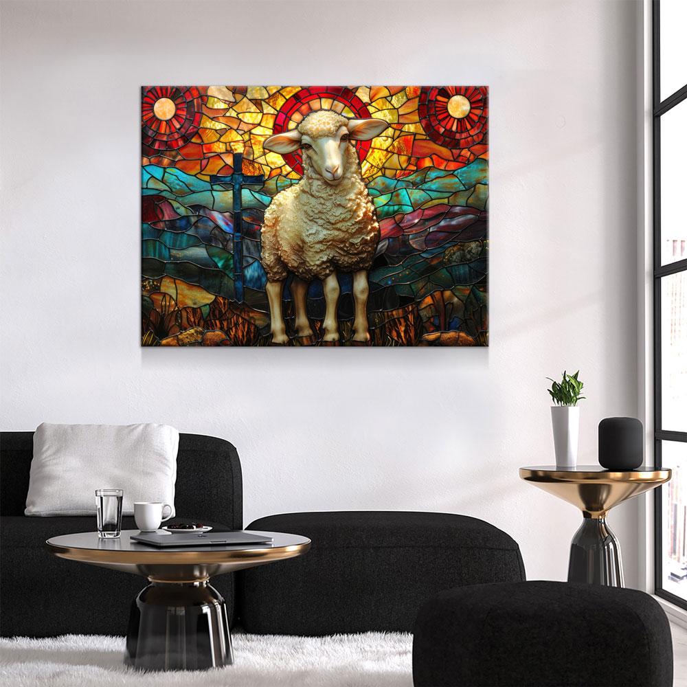 Lamb of God Canvas Wall Art, Stained Glass Lamb of God Print, Mountain Sheep and Cross, Faith Of God Print, Religious Decor, Church Decor