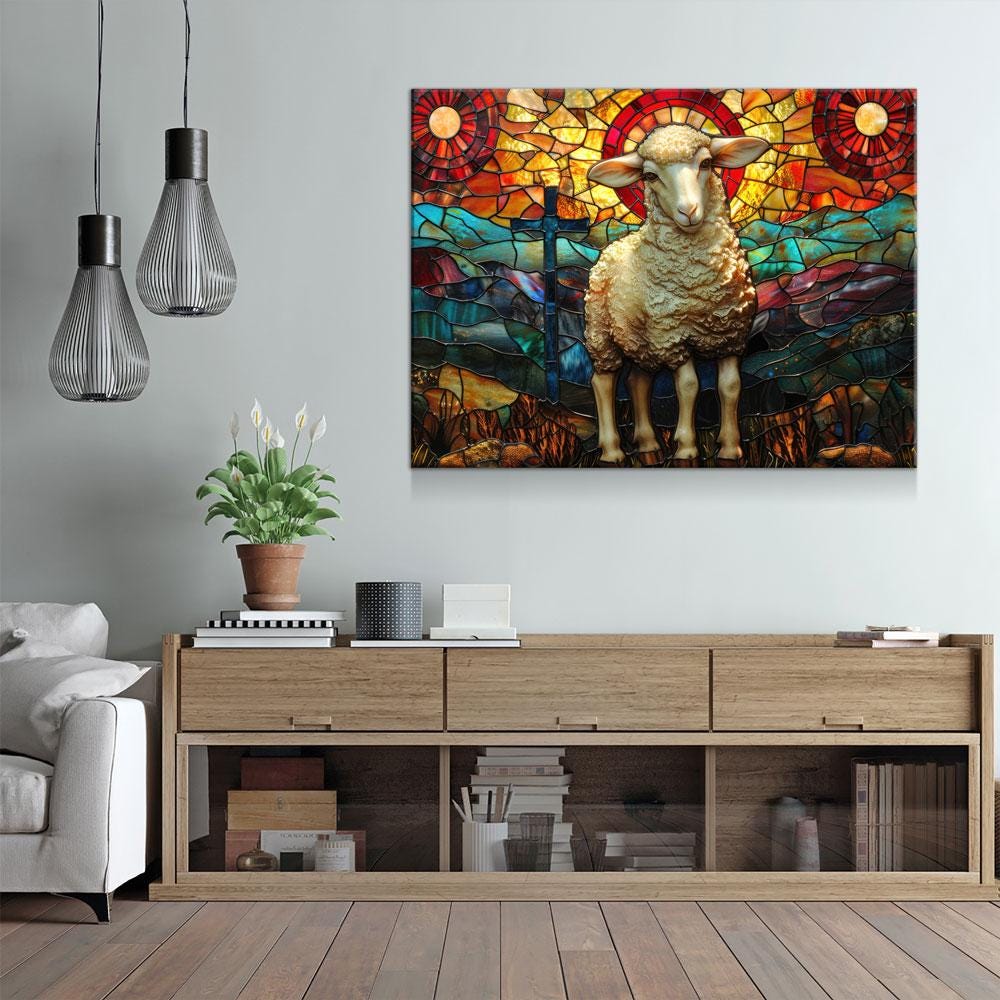 Lamb of God Canvas Wall Art, Stained Glass Lamb of God Print, Mountain Sheep and Cross, Faith Of God Print, Religious Decor, Church Decor