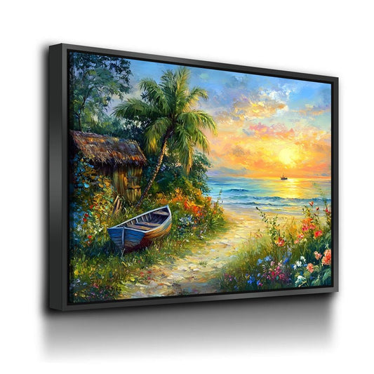 Boat on Tropical Beach Canvas Wall Art, Ocean Beach With Coconut Tree, Boat And Beach Hut, Tropical Decor, Beach House, Coastal Decor - Royal Crown Pro