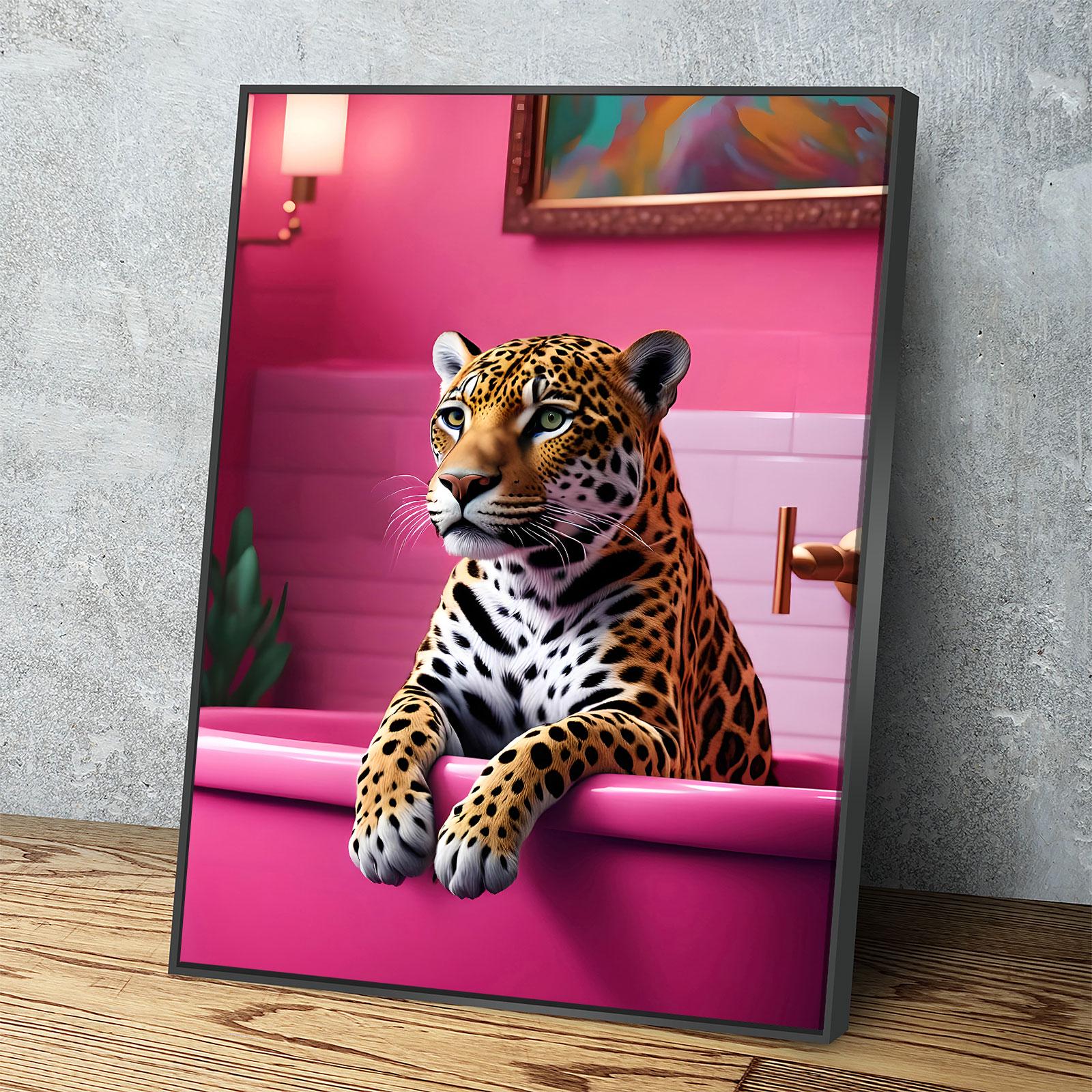 Jaguar In Bathtub Canvas Wall Art, Pink Bathtub, Big Cat In Bathtub, Bathroom Decor, Pink Decor, Jaguar Art - Royal Crown Pro