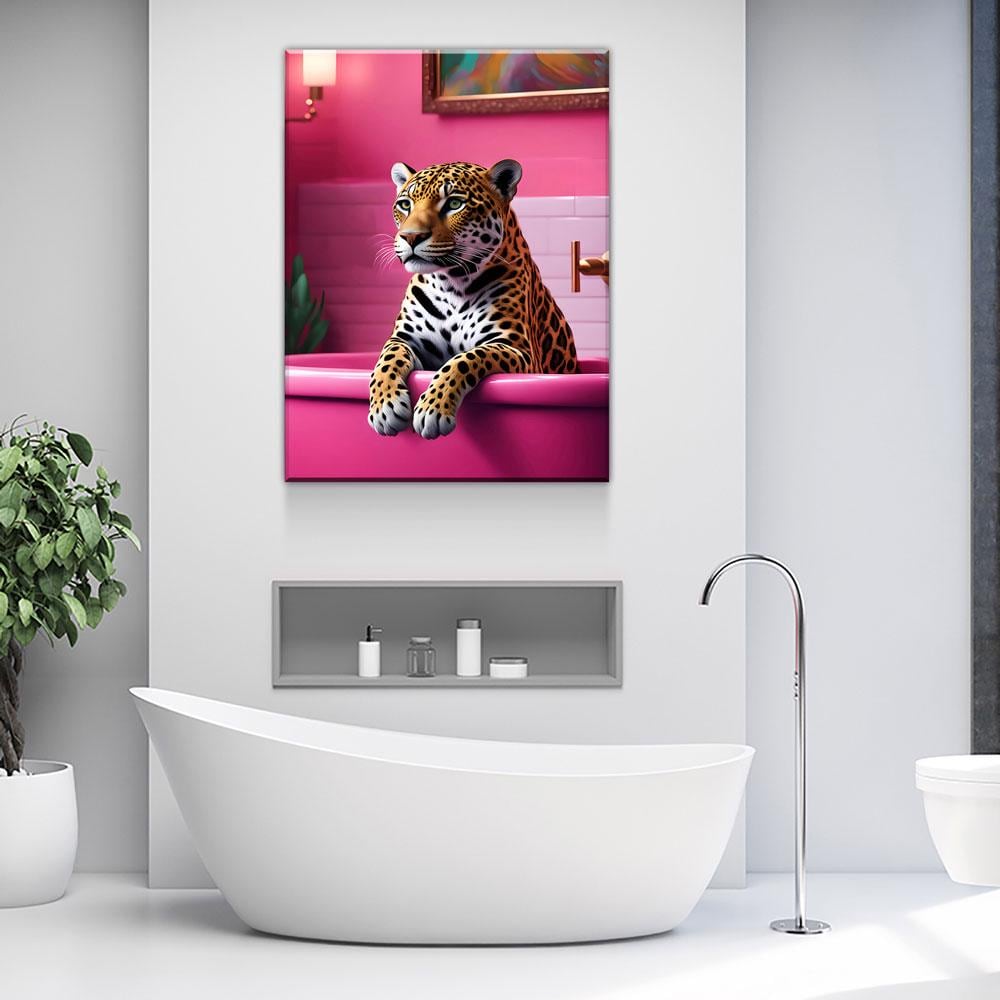 Jaguar In Bathtub Canvas Wall Art, Pink Bathtub, Big Cat In Bathtub, Bathroom Decor, Pink Decor, Jaguar Art - Royal Crown Pro