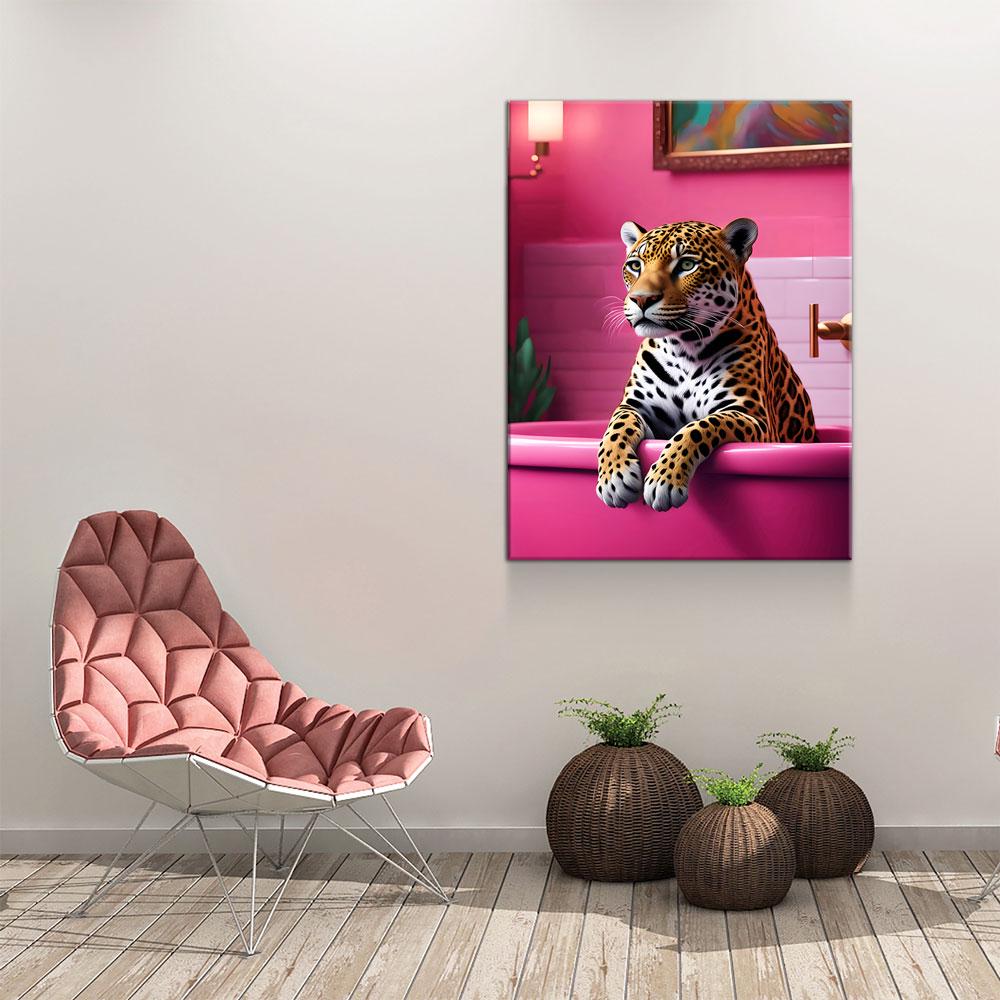 Jaguar In Bathtub Canvas Wall Art, Pink Bathtub, Big Cat In Bathtub, Bathroom Decor, Pink Decor, Jaguar Art - Royal Crown Pro