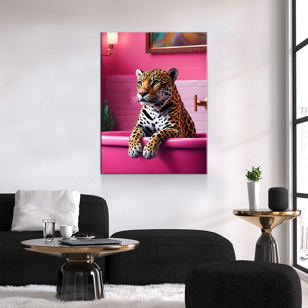 Jaguar In Bathtub Canvas Wall Art, Pink Bathtub, Big Cat In Bathtub, Bathroom Decor, Pink Decor, Jaguar Art - Royal Crown Pro