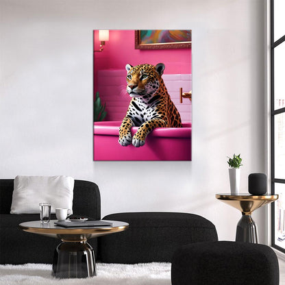 Jaguar In Bathtub Canvas Wall Art, Pink Bathtub, Big Cat In Bathtub, Bathroom Decor, Pink Decor, Jaguar Art - Royal Crown Pro