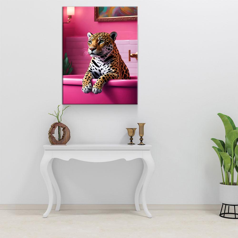 Jaguar In Bathtub Canvas Wall Art, Pink Bathtub, Big Cat In Bathtub, Bathroom Decor, Pink Decor, Jaguar Art - Royal Crown Pro