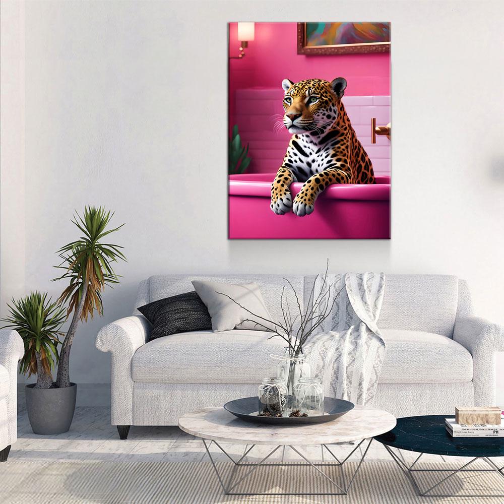 Jaguar In Bathtub Canvas Wall Art, Pink Bathtub, Big Cat In Bathtub, Bathroom Decor, Pink Decor, Jaguar Art - Royal Crown Pro