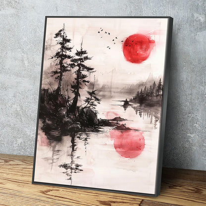 Japandi Canvas Wall Art, Japandi Art, Japanese Wall Art, Japandi Decor, Japandi Zen Wall Art, Watercolor Style, Red Sun On Water - Royal Crown Pro