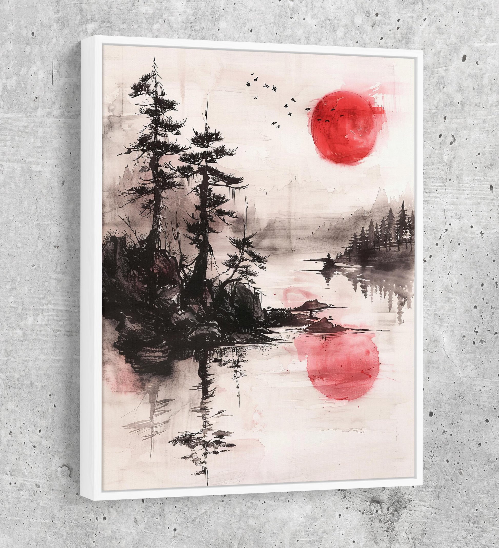 Japandi Canvas Wall Art, Japandi Art, Japanese Wall Art, Japandi Decor, Japandi Zen Wall Art, Watercolor Style, Red Sun On Water - Royal Crown Pro