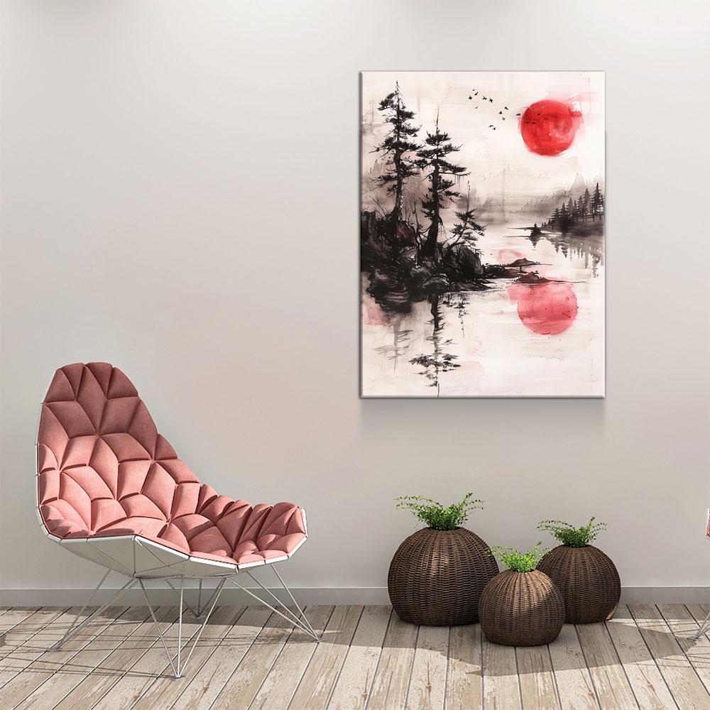 Japandi Canvas Wall Art, Japandi Art, Japanese Wall Art, Japandi Decor, Japandi Zen Wall Art, Watercolor Style, Red Sun On Water - Royal Crown Pro