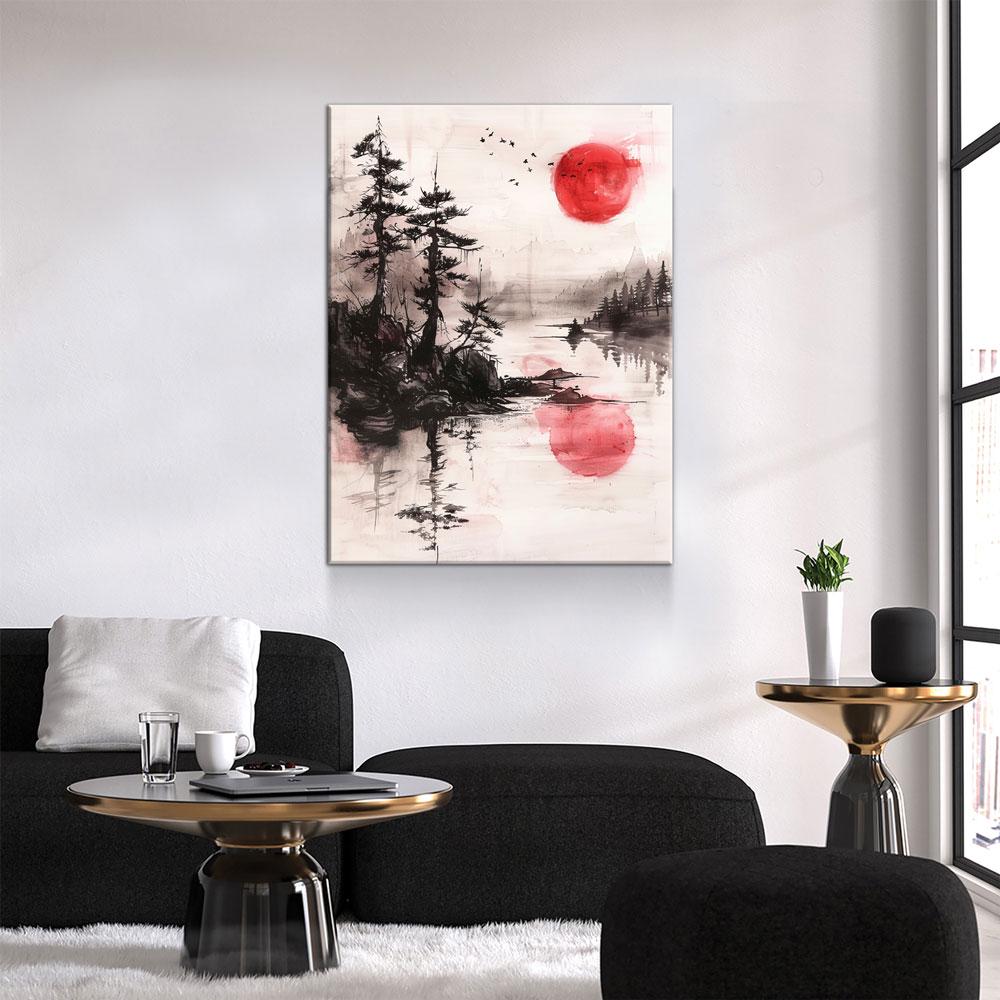 Japandi Canvas Wall Art, Japandi Art, Japanese Wall Art, Japandi Decor, Japandi Zen Wall Art, Watercolor Style, Red Sun On Water - Royal Crown Pro