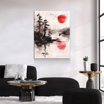 Japandi Canvas Wall Art, Japandi Art, Japanese Wall Art, Japandi Decor, Japandi Zen Wall Art, Watercolor Style, Red Sun On Water - Royal Crown Pro