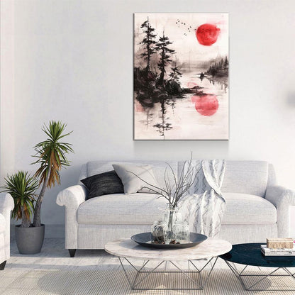 Japandi Canvas Wall Art, Japandi Art, Japanese Wall Art, Japandi Decor, Japandi Zen Wall Art, Watercolor Style, Red Sun On Water - Royal Crown Pro