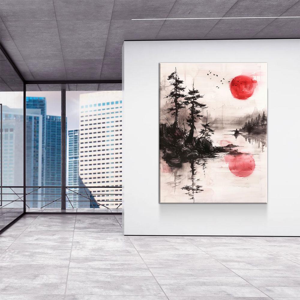 Japandi Canvas Wall Art, Japandi Art, Japanese Wall Art, Japandi Decor, Japandi Zen Wall Art, Watercolor Style, Red Sun On Water - Royal Crown Pro