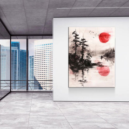 Japandi Canvas Wall Art, Japandi Art, Japanese Wall Art, Japandi Decor, Japandi Zen Wall Art, Watercolor Style, Red Sun On Water - Royal Crown Pro