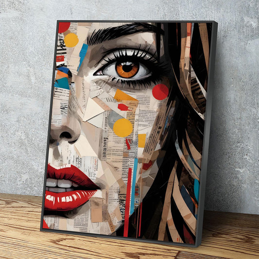 Pop Girl Canvas Wall Art, Newspaper Pop Art Girl, Pop Art Decor, Brown Eyed Girl, Red Lips Decor, Retro Style Art, Bright Colorful Art - Royal Crown Pro