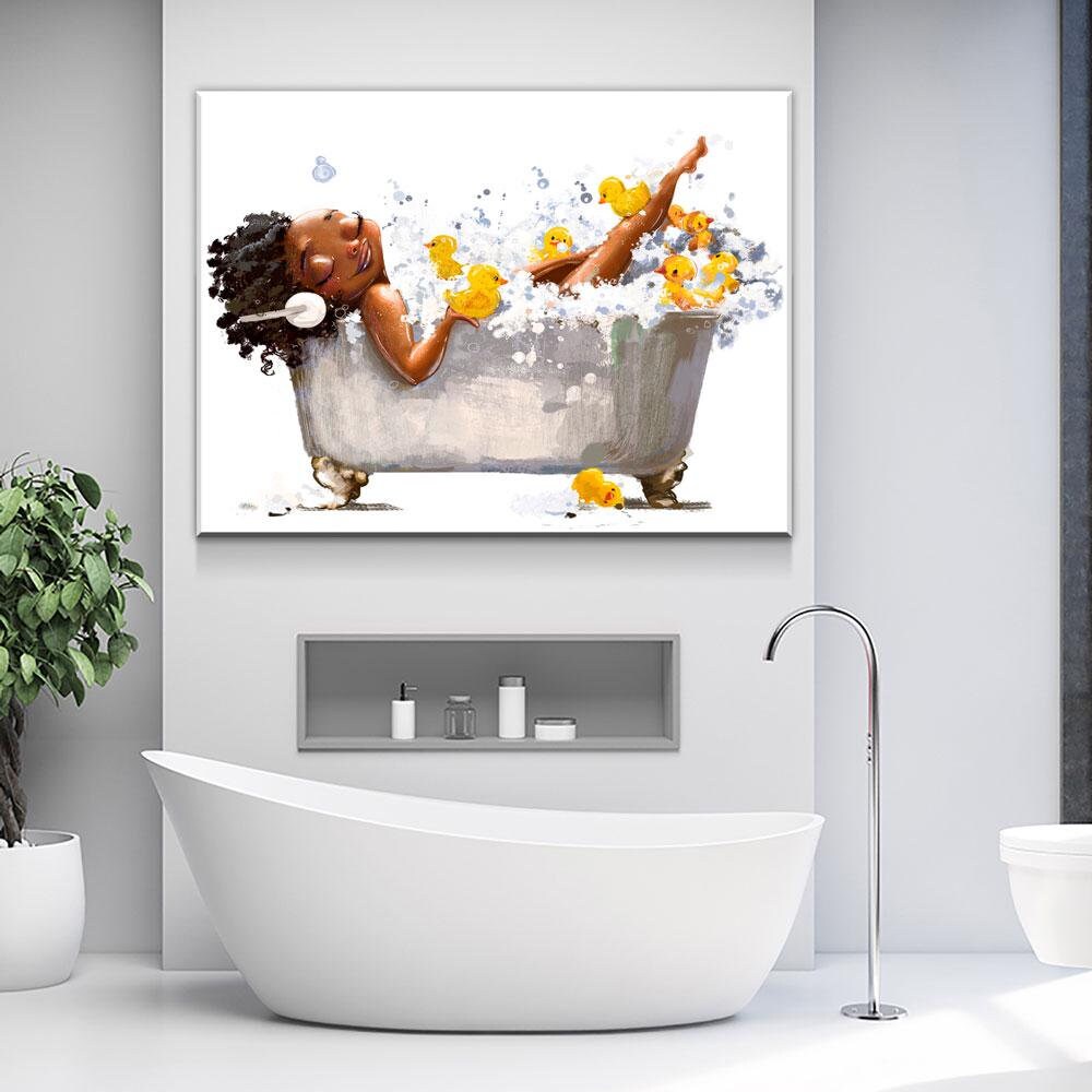 African American Woman In Bathtub With Headphones Canvas Wall Art, African Girl In Tub With Yellow Ducks - Royal Crown Pro