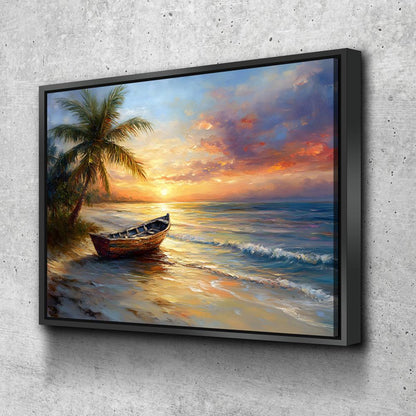 Tropical Beach Sunset Canvas Wall Art, Ocean Beach Boat, Tropical Decor, Beach House, Coastal Decor, Ocean Sunset, Tropical Island Beach - Royal Crown Pro