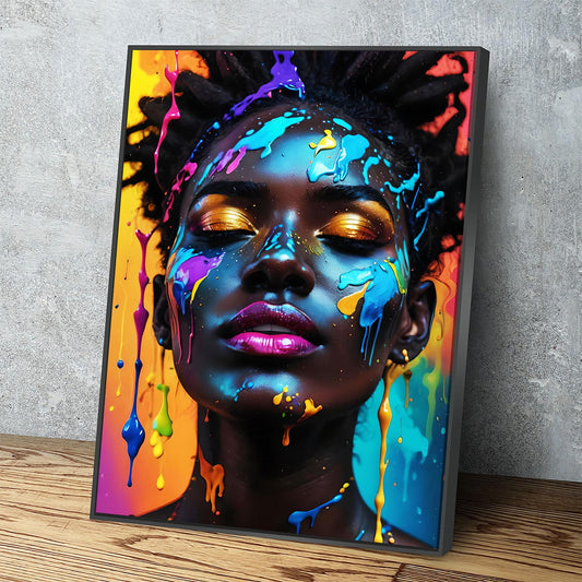 Black Girl With Paint Splatter Canvas Wall Art, African American Fashion Print, Beautiful Woman Print, Fashion Paint Makeup, Salon Decor - Royal Crown Pro