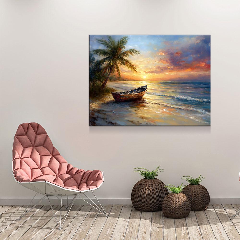 Tropical Beach Sunset Canvas Wall Art, Ocean Beach Boat, Tropical Decor, Beach House, Coastal Decor, Ocean Sunset, Tropical Island Beach - Royal Crown Pro