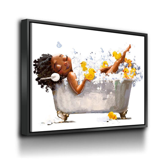 African American Woman In Bathtub With Headphones Canvas Wall Art, African Girl In Tub With Yellow Ducks - Royal Crown Pro