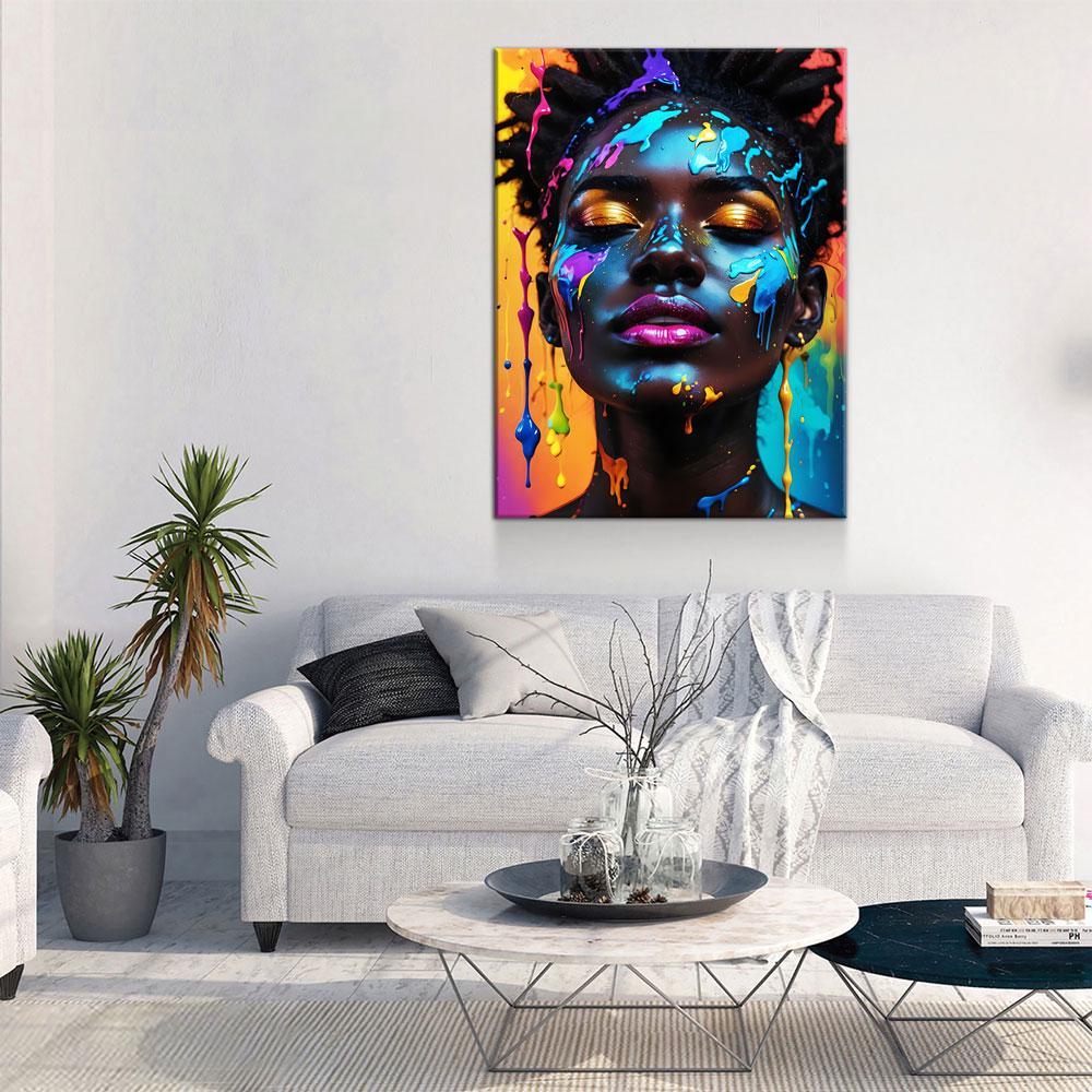 Black Girl With Paint Splatter Canvas Wall Art, African American Fashion Print, Beautiful Woman Print, Fashion Paint Makeup, Salon Decor - Royal Crown Pro