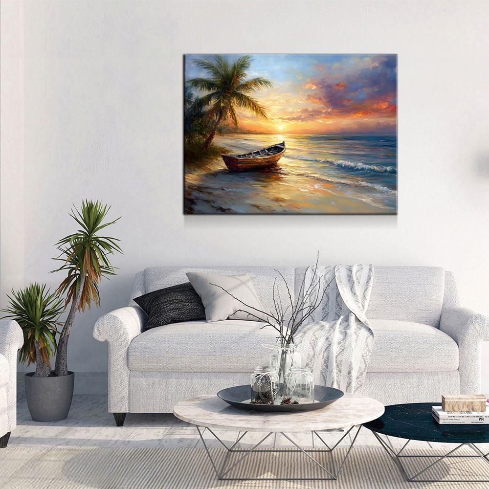 Tropical Beach Sunset Canvas Wall Art, Ocean Beach Boat, Tropical Decor, Beach House, Coastal Decor, Ocean Sunset, Tropical Island Beach - Royal Crown Pro