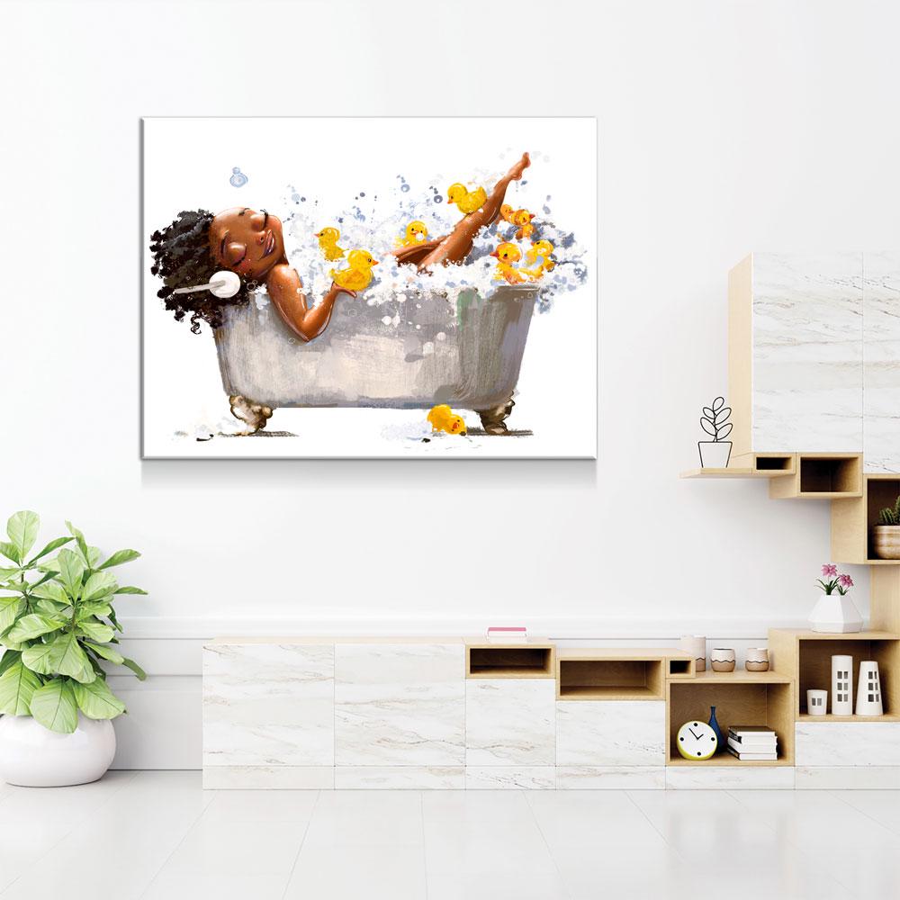 African American Woman In Bathtub With Headphones Canvas Wall Art, African Girl In Tub With Yellow Ducks - Royal Crown Pro