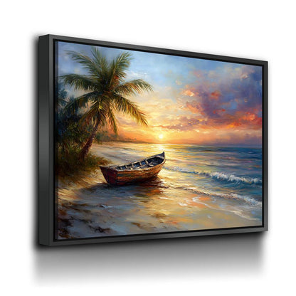 Tropical Beach Sunset Canvas Wall Art, Ocean Beach Boat, Tropical Decor, Beach House, Coastal Decor, Ocean Sunset, Tropical Island Beach - Royal Crown Pro