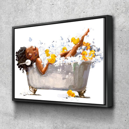 African American Woman In Bathtub With Headphones Canvas Wall Art, African Girl In Tub With Yellow Ducks - Royal Crown Pro