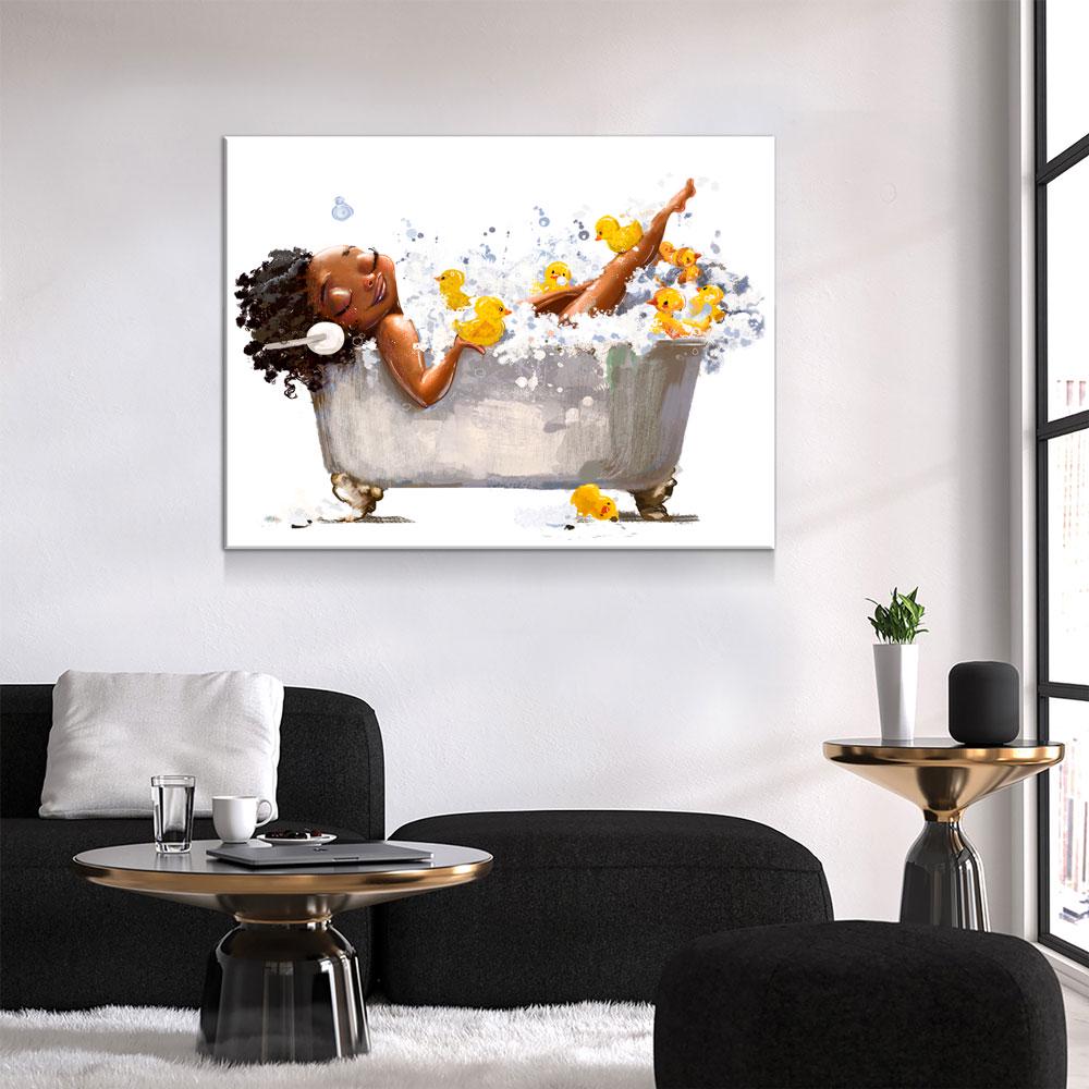 African American Woman In Bathtub With Headphones Canvas Wall Art, African Girl In Tub With Yellow Ducks - Royal Crown Pro