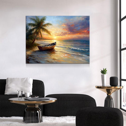 Tropical Beach Sunset Canvas Wall Art, Ocean Beach Boat, Tropical Decor, Beach House, Coastal Decor, Ocean Sunset, Tropical Island Beach - Royal Crown Pro