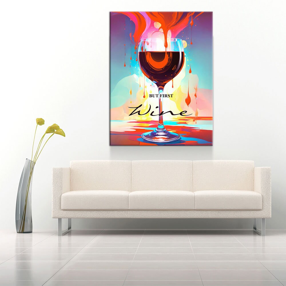 But First Wine Canvas Wall Art, Abstract Wine Print, Wine Decor, Wine Decor, Vibrant Wine Art, Wine Kitchen Decor, Wine Lovers Gift - Royal Crown Pro