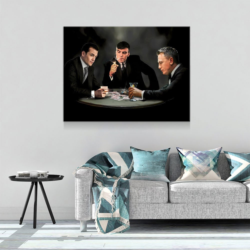 3 Legends Playing Poker Canvas Wall Art, Specter, Bond & Shelby Playing Cards - Royal Crown Pro