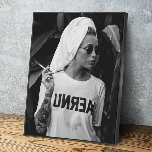 Feminist Attitude Canvas Wall Art, Woman Smoking Print, Black and White Female Print, Tattoo Unreal Print, Vintage Print, Fashion Art - Royal Crown Pro