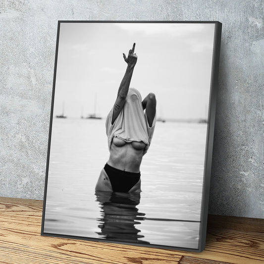 Feminist Attitude Canvas Wall Art, Woman Middle Finger Print, Black and White Female Print, Woman Water Flip Off, Vintage Print, Fashion Art - Royal Crown Pro