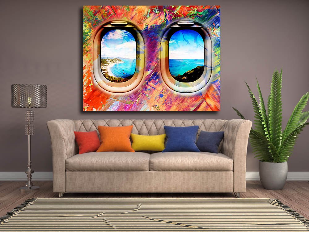 Airplane Window Seat Travel Lovers Framed Canvas Wall Art Abstract Airplane Window Art - Royal Crown Pro