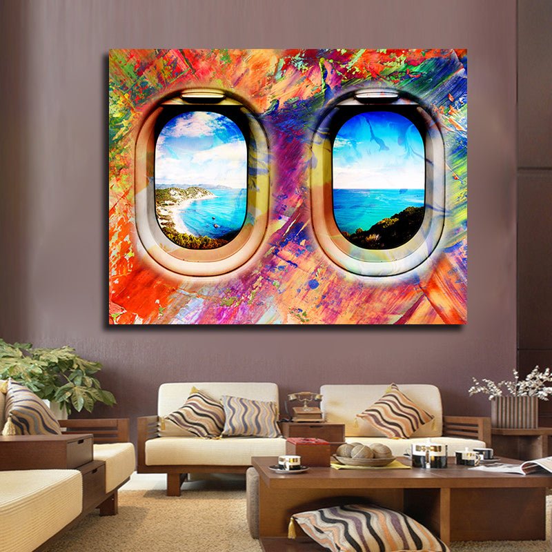 Airplane Window Seat Travel Lovers Framed Canvas Wall Art Abstract Airplane Window Art - Royal Crown Pro