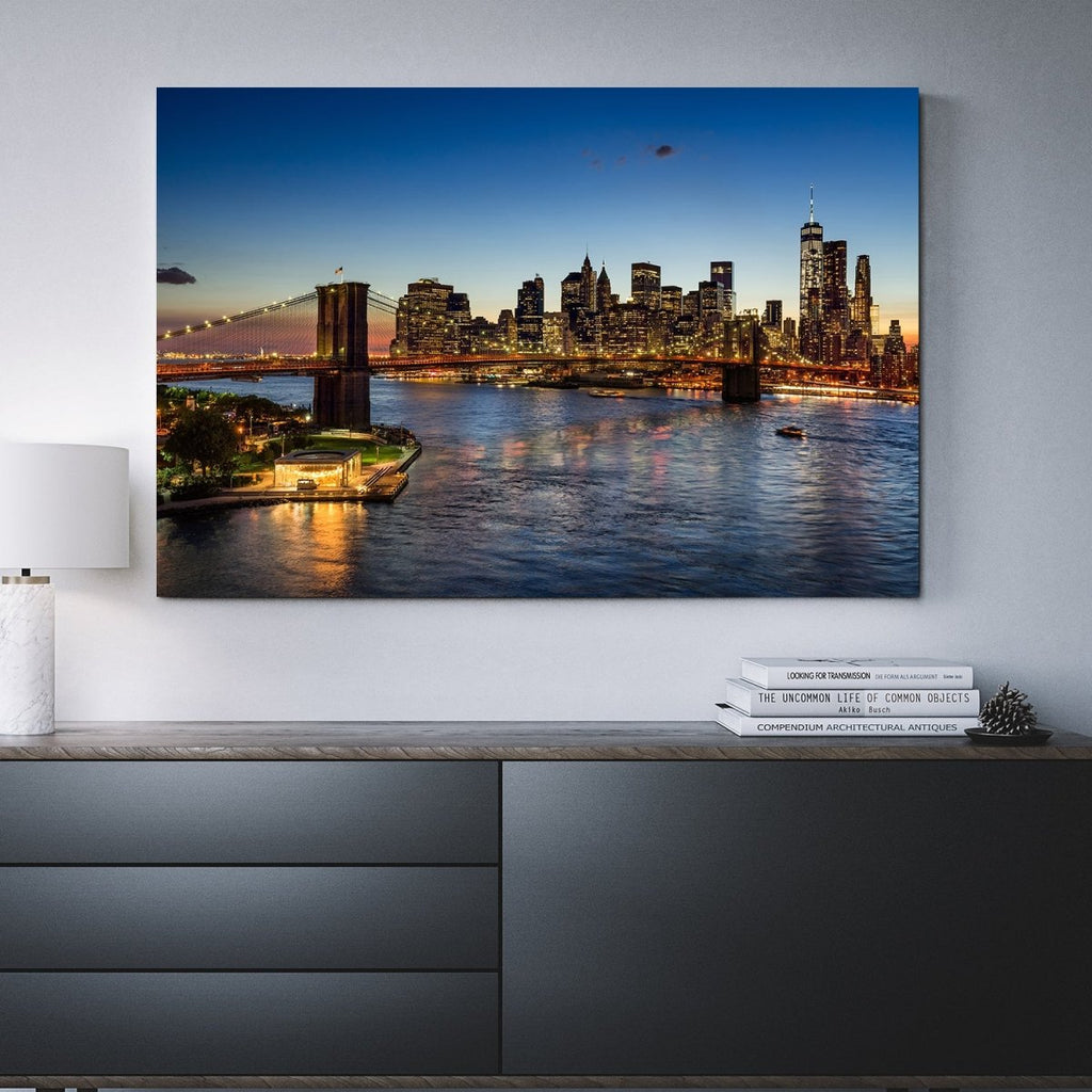Brooklyn Bridge Lower Manhattan Framed Canvas Wall Art East River New York City - Royal Crown Pro