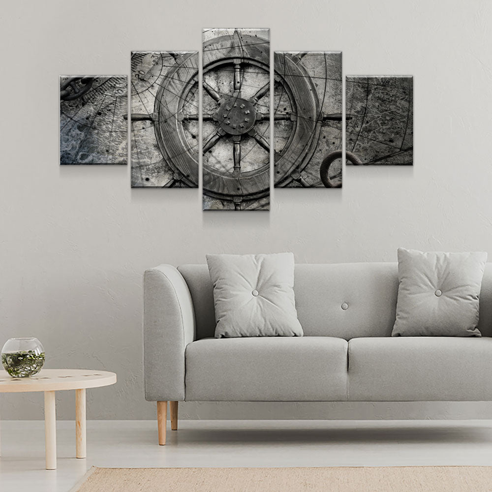 Captain Ships Wheel Canvas Wall Art Nautical Decor 5-PC Set - Royal Crown Pro