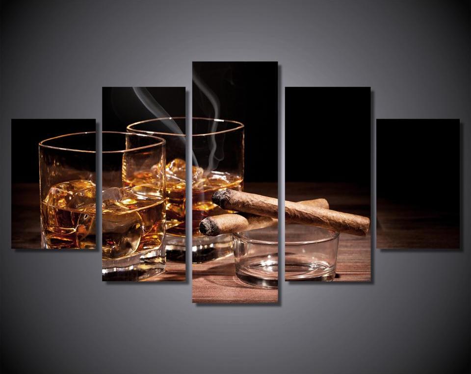 Cigar and Bourbon 5-Piece Framed Canvas Wall Art - Royal Crown Pro
