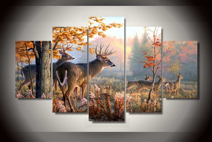 Deer In Forest Hunters 5-Piece Wall Art Canvas - Royal Crown Pro