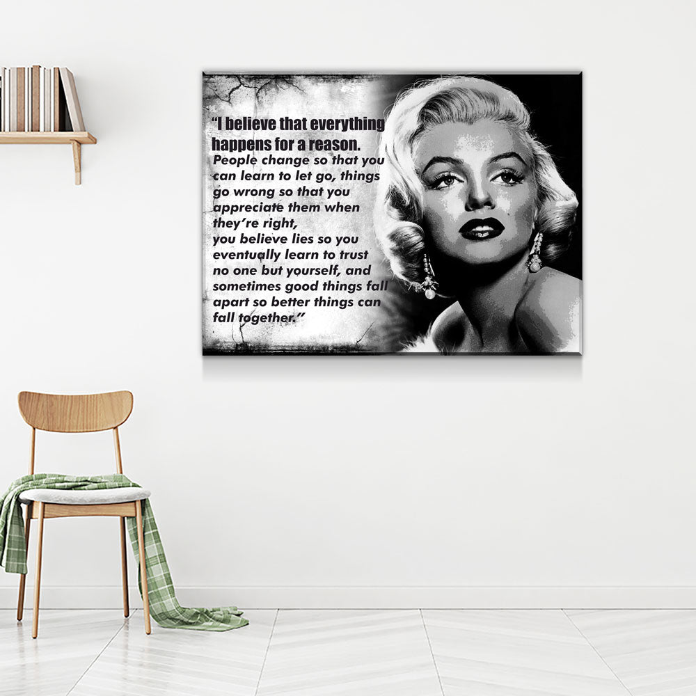 Everything Happens For A Reason Canvas Wall Art Marilyn Monroe Quote - Royal Crown Pro