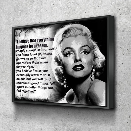 Everything Happens For A Reason Canvas Wall Art Marilyn Monroe Quote - Royal Crown Pro