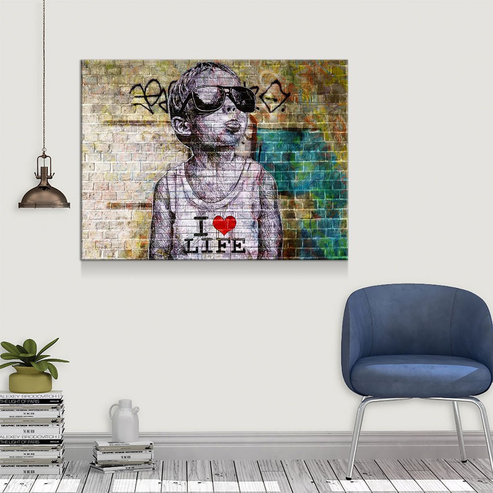 I Love Life Banksy, Graffiti Wall, Canvas Wall Art, Urban Art, Graffiti Decor - Royal Crown Pro
