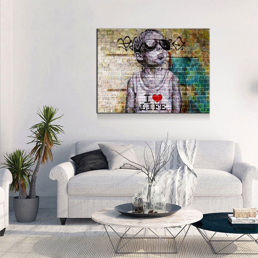 I Love Life Banksy, Graffiti Wall, Canvas Wall Art, Urban Art, Graffiti Decor - Royal Crown Pro
