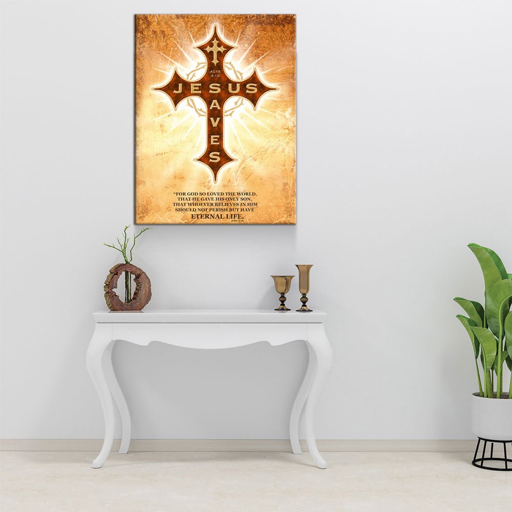 Jesus Saves Canvas Wall Art, Religious Decor Acts 4:12, John 3:16 - Royal Crown Pro