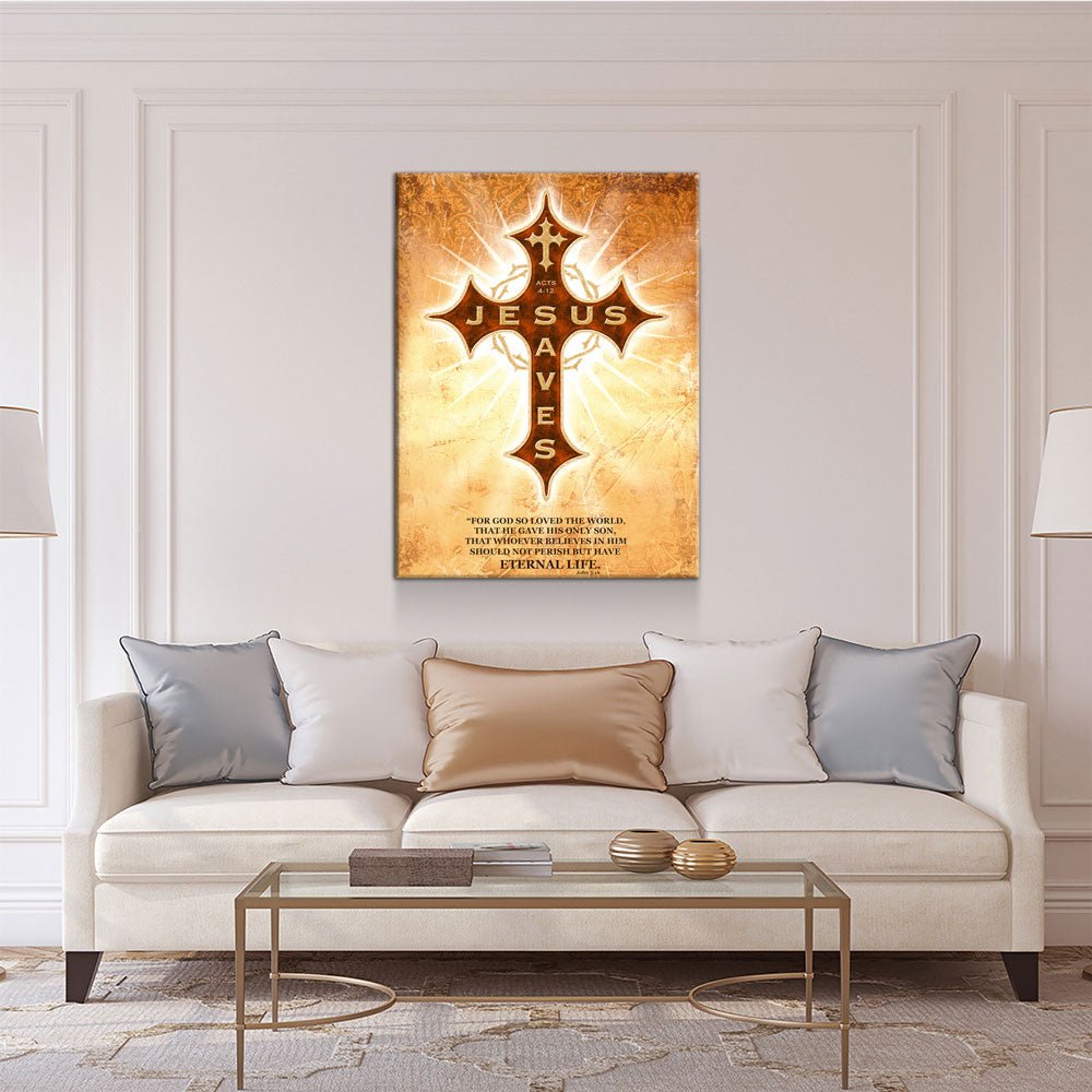 Jesus Saves Canvas Wall Art, Religious Decor Acts 4:12, John 3:16 - Royal Crown Pro