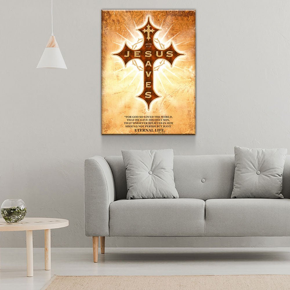 Jesus Saves Canvas Wall Art, Religious Decor Acts 4:12, John 3:16 - Royal Crown Pro
