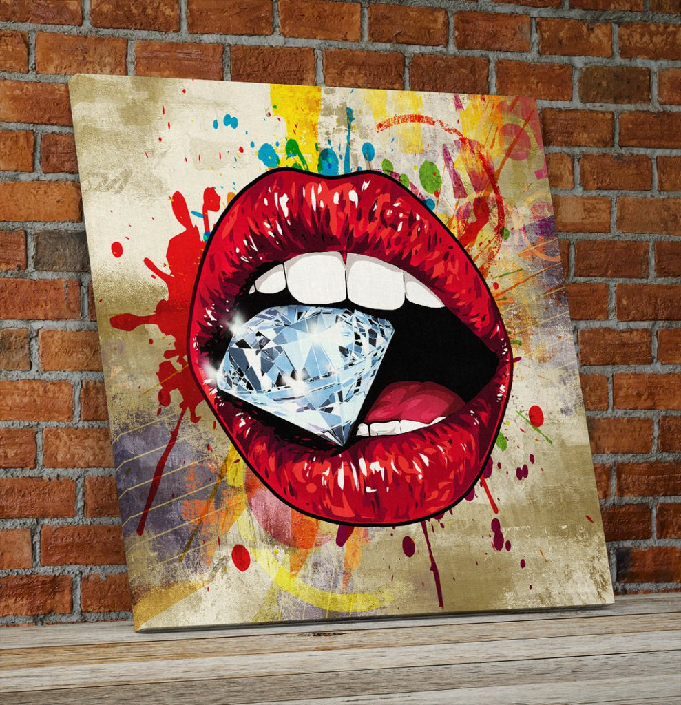 Lips Wall Art, Red Hot Lips Crazy Diamond Lips Wall Canvas Art, Pop Art Decor - Royal Crown Pro