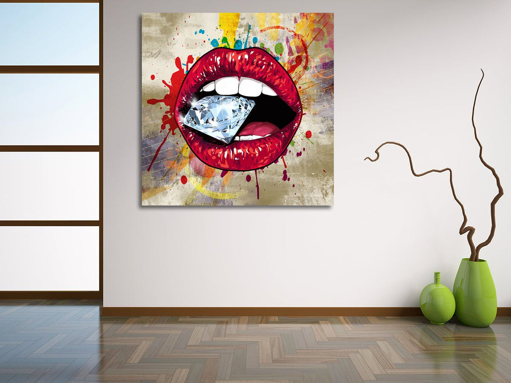 Lips Wall Art, Red Hot Lips Crazy Diamond Lips Wall Canvas Art, Pop Art Decor - Royal Crown Pro